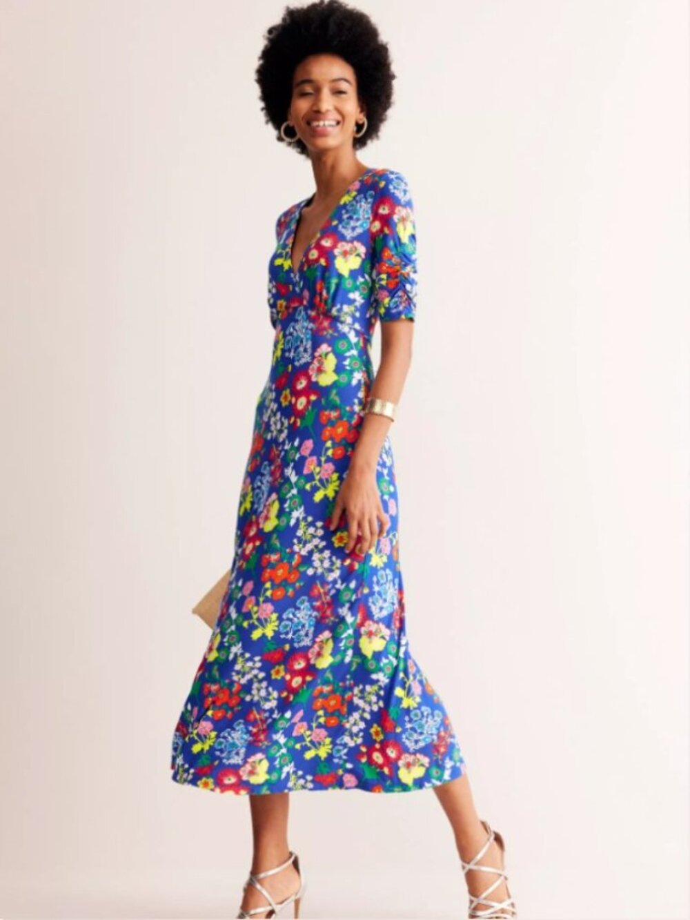 BODEN Rebecca Jersey Midi Tea Dress In Blue Wildflower Cluster Floral SMALL